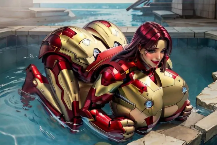 ((masterpiece)), ((best quality)), (ultra-detailed), absurdres, extremely detailed CG unity 8k wallpaper, Official Art, (anime screencap), beautiful face, detailed hands, expressive eyes, close up, solo, looking at viewer, (pool, scenery, illustration, dramatic lighting:1.1), (smile:1.2), (1girl, mature female, milf, age 40, motherly, huge breasts, sharp eyelashes, lips, huge breasts:1.4), (iron man, pooltoy:1.3), ((masterpiece)), , absurdres, HDR <lora:iron_man:0.8> <lora:PoolToy_v1:0.8>