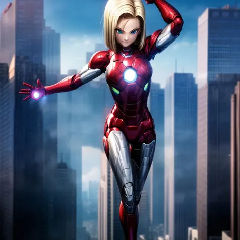 masterpiece, best quality, highres, solo, 1girl, light smile, medium breasts, pauldrons ,<lora:more_details:1>,Urban, Cityscape, Skyscrapers, Electric, Lightning, Futuristic, Technological, Power, iron man, <lora:iron_man:0.7>, <lora:Fate UBW Style v1-offset:1>,<lora:Android18DB:0.8>,(android18db:1.3)