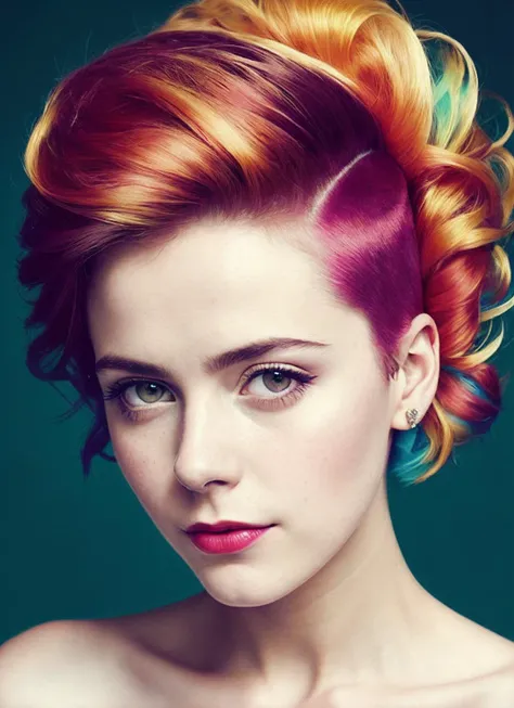 portrait of sks woman by Flora Borsi, style by Flora Borsi, bold, bright colours, rainbow Mohawk haircut, ((Flora Borsi)), <lora:lora_kiernan_v1_from_v1_160:1>