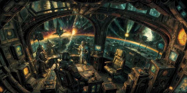 Generate a stunning art style, a true [masterpiece] [best quality] of art. The image showcases [detailed linework], [dynamic shading], and [dramatic lighting], bringing to life a [dreading atmosphere, grim dark coloures] . In the background a [gothic space ship command throne center, big view ports, , warhammer 40k] is to be seen in [grand:1.8, high-scale:1.8, panorama:1.8]  from  [from below].
A Rouge Trader, solo, (male:1) is [ full body view, standing,  from above ] in front of his command throne.  He is wearing a [stunning military uniform, prosthetic arm:1 ] with [epic feathered admiral hatt:1.5, cape].  He is [gesture, giving commands] for an orbital bombardment. The orbital bombardment can be seen throughe the view ports.  He is in the  middle of a [space battle]. The crew around him are follwing his commands.
<lora:more_details:1>    <lora:Rogue Traders MK1 by CARAXES:0.7>