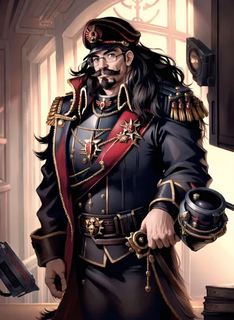 <lora:Rogue Traders MK1 by CARAXES:0.7> rogue trader, 1boy, black hair, (long hair:1.25), (fat:0.35), (long goatee, mustache:1.15), glasses, smirk, BREAK, <hypernet:commissar_v10:0.25> commissar, warhammer 40k, BREAK, masterpiece, best quality, extremely detailed, highly quality, 4k, sharp focus, professional, sharp focus, award winning, cinematic lighting, octane render, unreal engine, volumetrics dtx, Wallpaper,