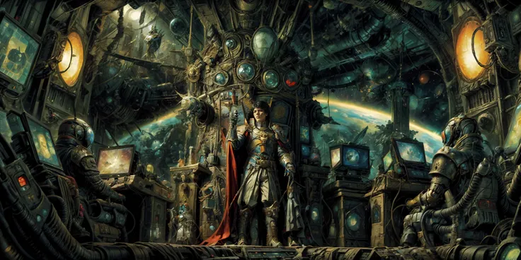 Generate a stunning art style, a true [masterpiece] [best quality] of art. The image showcases [detailed linework], [dynamic shading], and [dramatic lighting], bringing to life a [dreading atmosphere, grim dark coloures] . In the background a [gothic space ship command throne center, big view ports, , warhammer 40k] is to be seen in [grand:1.8, high-scale:1.8, panorama:1.8]  from  [from below].
A Rouge Trader, solo, (male:1) is [ full body view, standing,  from above ] in front of his command throne.  He is wearing a [stunning military uniform, prosthetic arm:1 ] with [epic feathered admiral hatt:1.5, cape].  He is [gesture, giving commands] for an orbital bombardment. The orbital bombardment can be seen throughe the view ports.  He is in the  middle of a [space battle]. The crew around him are follwing his commands.
<lora:more_details:1>    <lora:Rogue Traders MK1 by CARAXES:0.7>