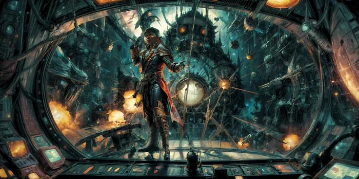 Generate a stunning art style, a true [masterpiece] [best quality] of art. The image showcases [detailed linework], [dynamic shading], and [dramatic lighting], bringing to life a [dreading atmosphere, grim dark coloures] . In the background a [gothic space ship command throne center, big view ports, , warhammer 40k] is to be seen in [grand:1.8, high-scale:1.8, panorama:1.8]  from  [from below].
A Rouge Trader, solo, (male:1) is [ full body view, standing,  from above ] in front of his command throne.  He is wearing a [stunning military uniform, prosthetic arm:1 ] with [epic feathered admiral hatt:1.5, cape].  He is [gesture, giving commands] for an orbital bombardment. The orbital bombardment can be seen throughe the view ports.  He is in the  middle of a [space battle]. The crew around him are follwing his commands.
<lora:more_details:1>    <lora:Rogue Traders MK1 by CARAXES:0.7>