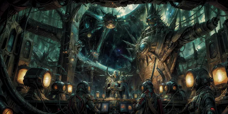 Generate a stunning art style, a true [masterpiece] [best quality] of art. The image showcases [detailed linework], [dynamic shading], and [dramatic lighting], bringing to life a [dreading atmosphere, grim dark coloures] . In the background a [gothic space ship command throne center, big view ports, , warhammer 40k] is to be seen in [grand:1.8, high-scale:1.8, panorama:1.8]  from  [from below].
A Rouge Trader, solo, (male:1) is [ full body view, standing,  from above ] in front of his command throne.  He is wearing a [stunning military uniform, prosthetic arm:1 ] with [epic feathered admiral hatt:1.5, cape].  He is [gesture, giving commands] for an orbital bombardment. The orbital bombardment can be seen throughe the view ports.  He is in the  middle of a [space battle]. The crew around him are follwing his commands.
<lora:more_details:1>    <lora:Rogue Traders MK1 by CARAXES:0.7>