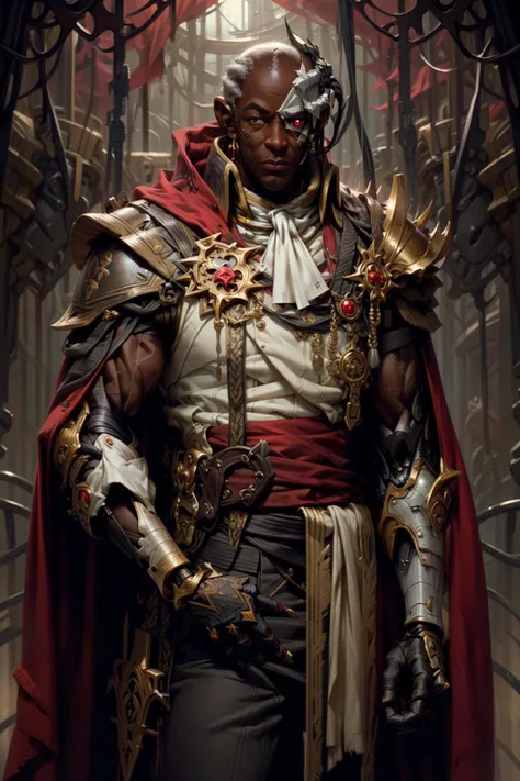 8K masterpiece, detailed, realistic, digital art, octane render, trending on artstation, cowboy shot,
1boy, rough features , 40 years old, tall stature, (rogue trader), muscular, (dark skinned, tanned skin:1.3),
battle aged, upper body, bald, single eyepatch, one-red eye, one-red glowing eye, single-mechanical eye, (smirk:1.)
ascot, sash, jewelry, rings, cuirass, (prosthetic arm, metal arm:1.2), red cape, fur trim, pauldron, holding sword, blood, facial scar,
jungle, forest, rain forest,
battle, firing, multipleboys,
nice hands, prefect hands, <lora:Rogue Traders MK1 by CARAXES:0.8> <lora:tool - add_detail:0.7>