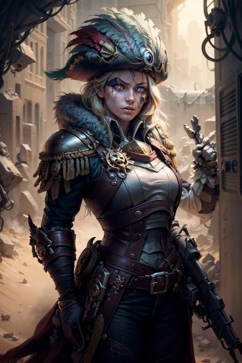 8K masterpiece, detailed, realistic, digital art, octane render, trending on artstation, action SHOT, movie poster,
rough features , 28 years old, tall stature, (rogue trader),
battle aged, ((solo:1.5)), upper body, blonde hair, blue eyes, one-red eye, one-red glowing eye, single-mechanical eye, determined, long hair,
feathered pirate hat, epaulettes, armor, cuirass, (ocular prosthetic:1.2), coat, fur trim, pauldron, holding gun, blood, facial scar,
destruction, desert wasteland, war background, dueling enemy, hectic battle, flying dynamic pose, dynamic angle,
nice hands, prefect hands, <lora:Rogue Traders MK1 by CARAXES:0.7> <lora:tool - add_detail:0.7>