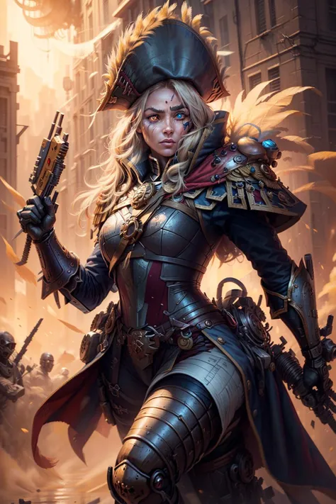 8K masterpiece, detailed, realistic, digital art, octane render, trending on artstation, action SHOT, movie poster,
rough features , 28 years old, tall stature, (rogue trader),
battle aged, ((solo:1.5)), upper body, blonde hair, blue eyes, one-red eye, one-red glowing eye, single-mechanical eye, determined, long hair,
feathered bicorne, epaulettes, armor, cuirass, (ocular prosthetic, mechanical eye:1.2), red coat, fur trim, pauldron, holding gun, blood, facial scar,
destruction, desert wasteland, war background, dueling enemy, hectic battle, flying dynamic pose, dynamic angle,
nice hands, prefect hands, <lora:Rogue Traders MK1 by CARAXES:0.8> <lora:tool - add_detail:0.7> <lyco:cosmetic - UnlimitedBladeWorks1.6:0.8>