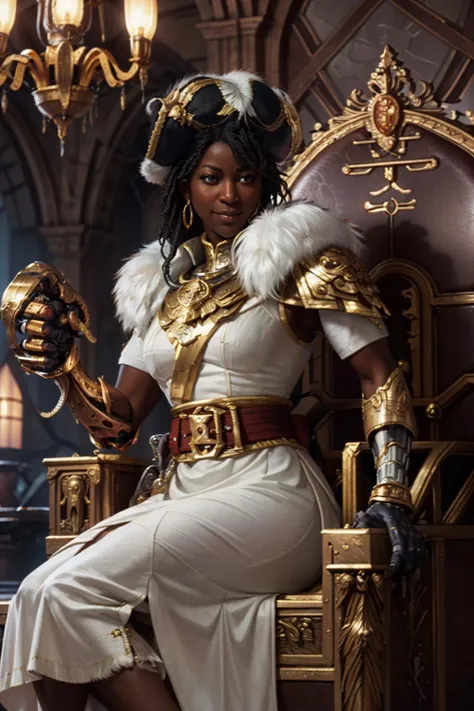 8K masterpiece, detailed, realistic, digital art, octane render, trending on artstation, cowboy shot,
1girl, angelic features, 20 years old, petite stature, (rogue trader), (dark skinned, tanned skin:1.3),
bicorne, feathred hat, mask, green dress, white hair, lady pompadour hair, hair ornaments, (smirk:1.2)
sash, jewelry, earrings, gold tooth, rings, (pauldron:1.2), (prosthetic arm, metal arm:1.2), fur trim, holding knife, blood, facial scar,
treasure room, sitting on throne, treasure chest scattered, gold coins on the floor, massive chandelier,
nice hands, prefect hands,    <lora:Rogue Traders MK1 by CARAXES:0.8>
