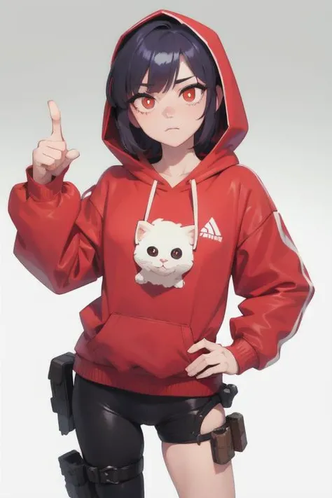 absurdres, masterpiece, best quality, (cinematic:1.2), (expressionless:1.2), 1girl, color, soft, soft colors, soft hues, closed mouth, simple background, sharp_eyes, (slit pupils:1.3), realistic, color, handgun, pointing gun, pointing at viewer, pov, warped_view, red hoodie, (gradient background:1.3), holster, hand on hip, shadow, short hair, simple hoodie,