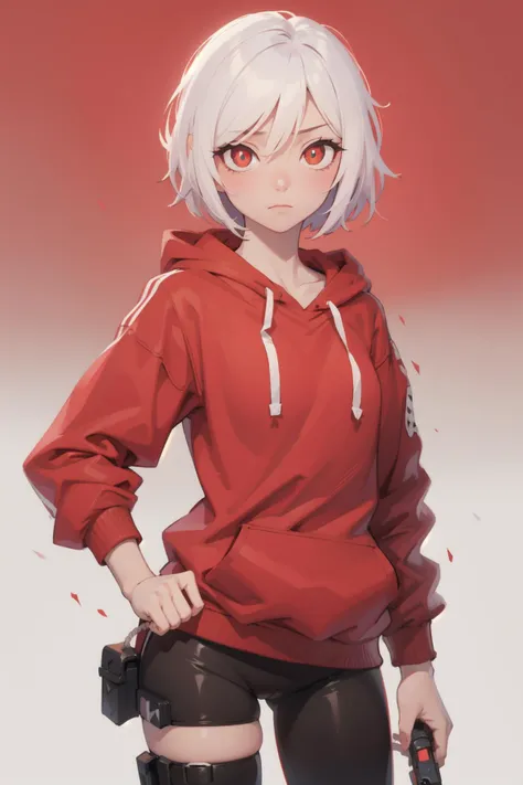 absurdres, masterpiece, best quality, (cinematic:1.2), (expressionless:1.2), 1girl, color, soft, soft colors, soft hues, closed mouth, simple background, sharp_eyes, (slit pupils:1.3), realistic, color, handgun, pointing gun, pointing at viewer, pov, warped_view, red hoodie, (gradient background:1.3), holster, hand on hip, shadow, short hair, simple hoodie,