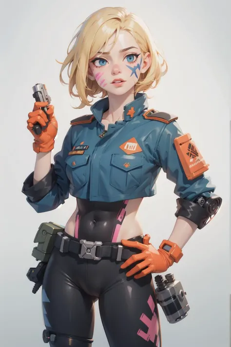 1girl, fade, military uniform, cyborg, special ops outfit, tactical clothes, cute, absurdres, masterpiece, best quality, handgun, hand on hip, hand holdin gun, black outfit, octane render, realistic, (pistol:1.2), (face paint:1.2), blonde blue eyes, orange gloves, relife textures, hyper realistic, russian,