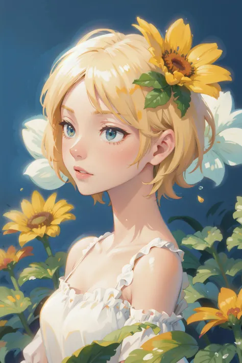 a woman with simple dress, short hair, blonde, global illumination, a photorealistic water painting, in the middle of flowers, long flowers, simple background, subsurface scattering, simple dress, (simple artwork:1.2), simple, (water color:1.2)