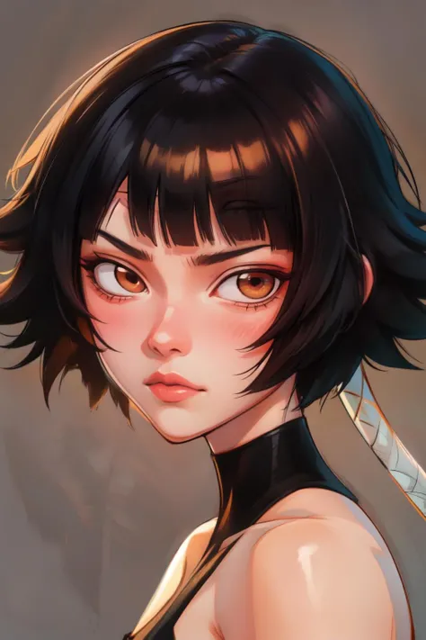 sui-feng, 1girl, girl, portrait, close-up, looking at viewer, black and gold Shihakusho, short hair, short hair with long locks, brown eyes, lighting accentuates features, minimal background, subtle shadows, golden tones, brown eyes, detailed eyes