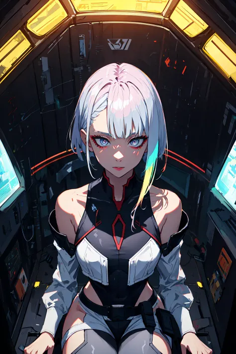 highres, highest quallity, illustration, ultra detailed, (detailed face), (detailed eyes), cinematic lighting, best quality, hyper detailed, masterpiece, 1girl, solo, grey eyes, short hair, multicolour hair, asymmetrical hair, belt, jacket, off shoulder, bodysuit, detached sleeves, hip vent, luminous eyes, medium breasts, (colorful), upper body, from above, sitting, looking at viewer, indoors, inside a spaceship, futuristic, window <lora:lucyCyberpunk_35Epochs:0.6>