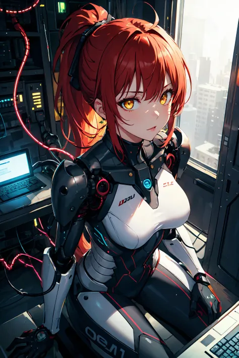 highres, highest quallity, illustration,  ultra detailed, (detailed face), (detailed eyes), cinematic lighting, best quality, hyper detailed, masterpiece,1girl, solo, red hair, yellow eyes, bangs, ponytail, mechanical spine, exosuit,  wires and cables, luminous eyes, medium breasts, light rays, (colorful), sitting, from above, cool tones, computers, science fiction