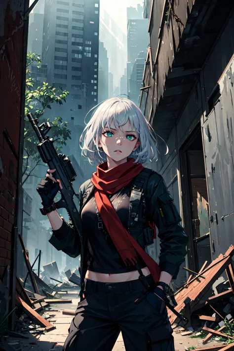 highres, highest quality, illustration,  ultra detailed, (detailed face), (detailed eyes), cinematic lighting, best quality, hyper detailed, masterpiece,1girl, solo, medium hair, silver hair, green eyes, black jacket, black shirt, red scarf, fingerless gloves, watch, sling bag, black cargo pants, holding_gun, rifle, ruins, abandoned building, overgrowth, concrete buildings, serious look, luminous eyes, medium breasts, light rays, (colorful), dull, heavy rain
 <lora:BetterGuns-V1:0.6>