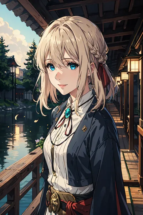 japan, violet_evergarden, highres, highest quallity, illustration, ultra detailed, (detailed face), (detailed eyes), soft lighting, best quality, hyper detailed, masterpiece, 1girl, solo, blonde hair, blue eyes, ribbon, jewellery, jacket, dress, gem, hair_ribbon, luminous eyes, medium breasts, (colorful), cowboy shot, smile, outdoors, morning, lake, trees, stone, flowers, Japanese lantern, wood <lora:violetEvergarden_v10:0.7>