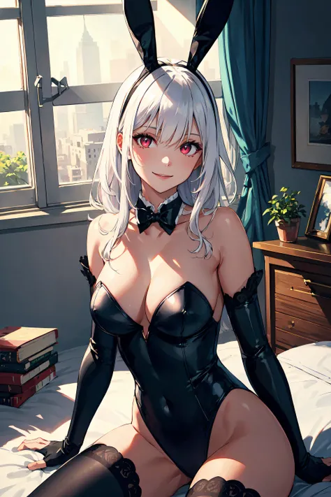 highres, highest quallity, illustration,  ultra detailed, (detailed face), (detailed eyes), cinematic lighting, best quality, hyper detailed, masterpiece,1girl, solo, white hair, red eyes, black bunny suit, black bunny ears, luminous eyes, medium breasts, cleavage, light rays, (colorful), smile, sitting, looking at viewer, indoors, bedroom, morning, window, bed, posters,  bookshelf