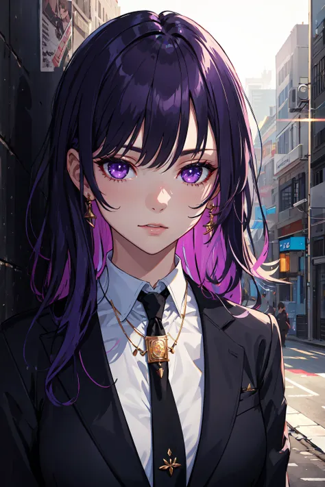 highres, highest quallity, illustration,  ultra detailed, (detailed face), (detailed eyes), cinematic lighting, best quality, hyper detailed, masterpiece, fine lines, 1girl, solo, purple hair, purple eyes, black blazer, white shirt, black tie,  jewellery, necklace, luminous eyes, , light rays, (colorful), upper body, smug, outdoors, concrete wall, industrial