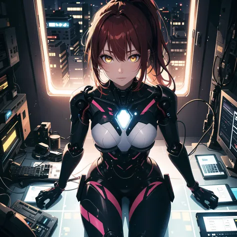 highres, highest quallity, illustration, ultra detailed, (detailed face), (detailed eyes), cinematic lighting, best quality, hyper detailed, masterpiece,1girl, solo, red hair, yellow eyes, bangs, ponytail, mechanical spine, exosuit, wires and cables, luminous eyes, medium breasts, light rays, (colorful), sitting, from above, cool tones, computers, science fiction