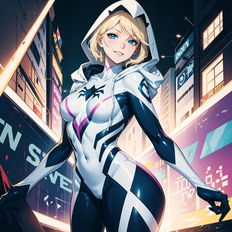 highres, highest quallity, illustration, ultra detailed, cinematic lighting, best quality, hyper detailed, masterpiece,1 spider-gwen girl, blond shaved sides hair, blue eyes, smile, solo, spider-gwen suit, spider gwen mask, hood, medium breasts, light rays, (colorful), (standing:1.2), cool tones, night time