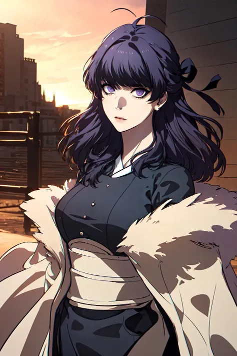 masterpiece, (best quality), 1woman,1girl ,beautiful woman, beautiful face, cowboy shot, vibrant colors ,natural lighting ,RTX, perfect proportions, beautiful, (detailed face:1.2), showcase, (perfect eyes:1.1) ,(photorealistic:1.1), 8k uhd, looking a viewer, outdoors, simple backround, Anastasia_Zelenska, 1girl, solo, long hair, dress, purple eyes, purple hair, ahoge, black dress, black kimono, black pants, adult, coat, fur trim, upper body, dynamic angle, <lora:Anastasia_Zelenska:0.9>