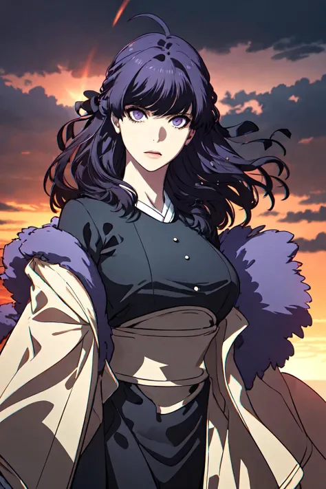masterpiece, (best quality), 1woman,1girl ,beautiful woman, beautiful face, cowboy shot, vibrant colors ,natural lighting ,RTX, perfect proportions, beautiful, (detailed face:1.2), showcase, (perfect eyes:1.1) ,(photorealistic:1.1), 8k uhd, looking a viewer, outdoors, simple backround, Anastasia_Zelenska, 1girl, solo, long hair, dress, purple eyes, purple hair, ahoge, black dress, black kimono, black pants, adult, coat, fur trim, upper body, dynamic angle, <lora:Anastasia_Zelenska:0.9>