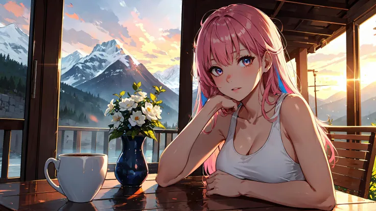 highres, highest quality, illustration, ultra detailed, (detailed face), (detailed eyes), cinematic lighting, best quality, hyper detailed, masterpiece, detailed background, 1girl, solo, pink hair, long hair, brown eyes, tank top, white tank top, panties, luminous eyes, medium breasts, light rays, (colorful), mid shot, sitting on porch, mountains, water, cup of coffee, morning, breeze, cold, sunrise, vase on table
