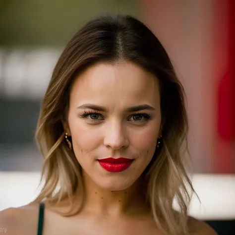Realistic photo of a beautiful r4ch3lm-v2 woman, 1girl, solo, long hair, looking at viewer, smile, blonde hair, brown eyes, mole, lips, makeup, lipstick, portrait, mole under mouth, realistic, red lips, soft lighting, professional Photography, Photorealistic, detailed, RAW, analog, sharp focus, 8k, HD, DSLR, high quality, Fujifilm XT3, film grain, award winning, masterpiece<lora:r4ch3lm-v2:1.0>