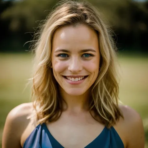 Realistic photo of a beautiful r4ch3lm-v2 woman, 1girl, solo, long hair, smile, blue eyes, blonde hair, simple background, upper body, teeth, mole, grin, lips, blood, freckles, realistic, soft lighting, professional Photography, Photorealistic, detailed, RAW, analog, sharp focus, 8k, HD, DSLR, high quality, Fujifilm XT3, film grain, award winning, masterpiece<lora:r4ch3lm-v2:1.0>