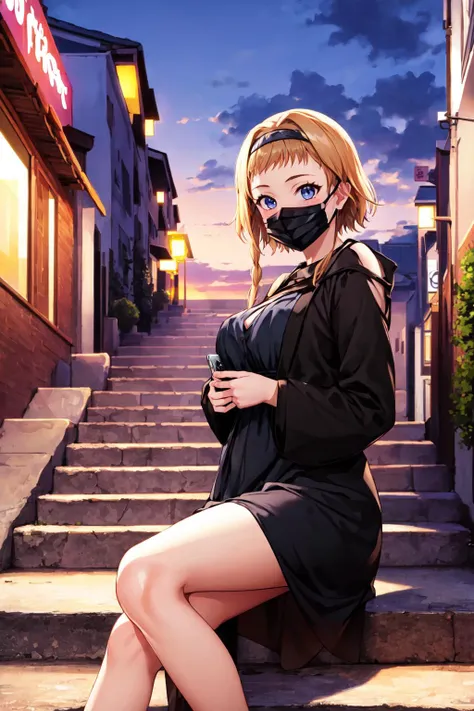 masterpiece, best quality, LeinaV4, 1girl, solo, ((dress, black dress, mask, wearing black mask)), city alley, night, clouds, ((sitting)), steps, smile, ((hands in pocket)), upper body, <lora:LeinaV4-09:0.8>