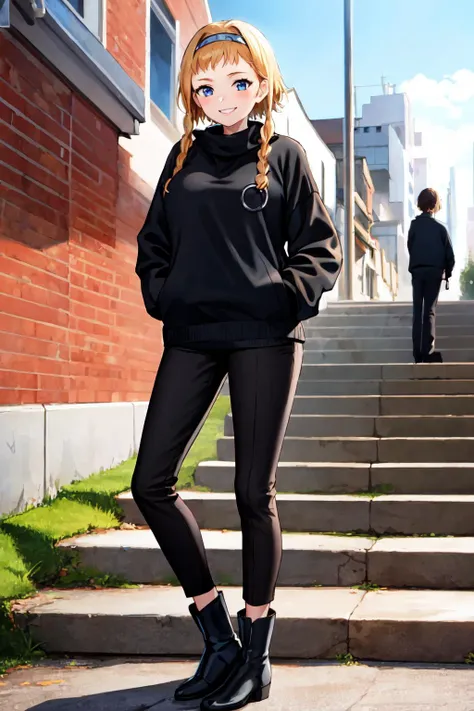 masterpiece, best quality, LeinaV4, 1girl, solo, ((Black sweater, black pants, ankle boots)), city alley, sitting, steps, smile, ((hands in pocket)), <lora:LeinaV4-09:0.9>