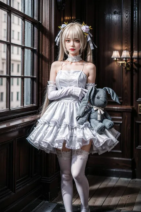 best quality, quality, masterpiece, (photorealistic:1.4), 1girl, kasugano sora, long white hair, twintails, hair ribbon, hair ornament, wedding attire, elbow gloves, wedding dress, thighhighs, (holding stuffed toy:1.5), standing, full body, looking at viewer, detailed background, indoors, luxury decorations, window, dramatic lighting, <lora:Kasugano_Sora_cosplay_attire_v1:0.7> <lora:add_detail:1>