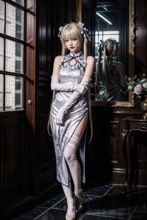 best quality, quality, masterpiece, (photorealistic:1.4), 1girl, kasugano sora, long white hair, twintails, hair ribbon, hair ornament, china dress, elbow gloves, thighhighs, standing, full body, looking at viewer, detailed background, indoors, luxury decorations, window, dramatic lighting, <lora:Kasugano_Sora_cosplay_attire_v1:0.7> <lora:add_detail:1>