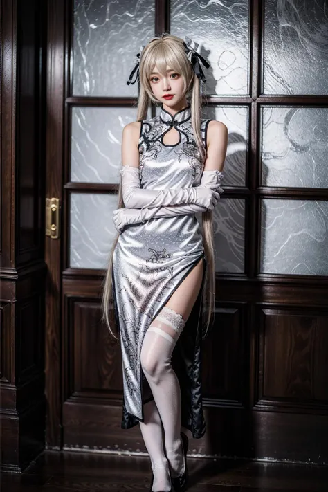best quality, quality, masterpiece, (photorealistic:1.4), 1girl, kasugano sora, long white hair, twintails, hair ribbon, hair ornament, china dress, elbow gloves, thighhighs, standing, full body, looking at viewer, detailed background, indoors, luxury decorations, window, dramatic lighting, <lora:Kasugano_Sora_cosplay_attire_v1:0.7> <lora:add_detail:1>