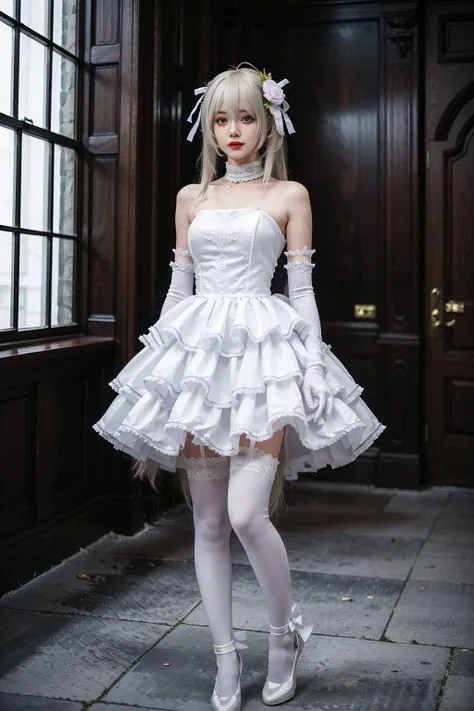 best quality, quality, masterpiece, (photorealistic:1.4), 1girl, kasugano sora, long white hair, twintails, hair ribbon, hair ornament, wedding attire, elbow gloves, wedding dress, thighhighs, standing, full body, looking at viewer, detailed background, indoors, luxury decorations, window, dramatic lighting, <lora:Kasugano_Sora_cosplay_attire_v1:0.7>
