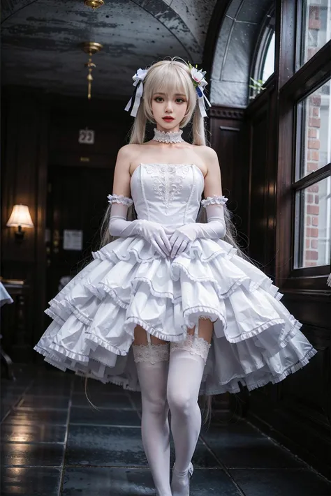 best quality, quality, masterpiece, (photorealistic:1.4), 1girl, kasugano sora, long white hair, twintails, hair ribbon, hair ornament, wedding attire, elbow gloves, wedding dress, thighhighs, standing, full body, looking at viewer, detailed background, indoors, luxury decorations, window, dramatic lighting, <lora:Kasugano_Sora_cosplay_attire_v1:0.7>