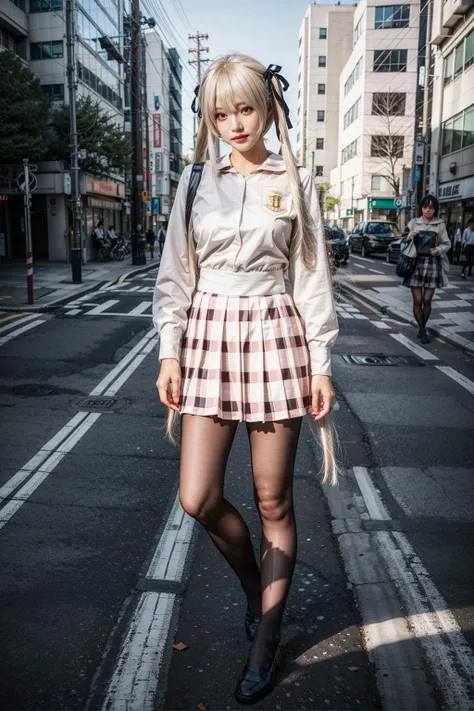 best quality, quality, masterpiece, (photorealistic:1.4), 1girl, kasugano sora, long white hair, twintails, hair ribbon, hair ornament, school uniform, black pantyhose, standing, dynamic pose, full body, looking at viewer, detailed background, in street, tokyo, dramatic lighting, <lora:Kasugano_Sora_cosplay_attire_v1:0.7>, <lora:add_detail:1>