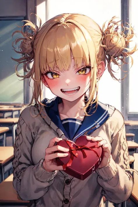 TogaHimiko, 1girl, solo, bags under eyes, blush, open mouth, box, looking at viewer, fangs, holding, (cardigan:1.2), heart-shaped box, evil smile, evil grin, (crazy smile:1.2), classroom, long sleeves, teeth, gift, heart, upper body, blue sailor collar, holding gift <lyco:himiko-toga-locon:1>,