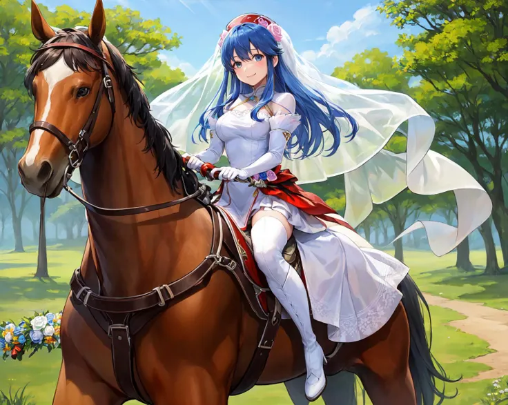 <lora:lilinaV1:0.85>,wed_lilina, (white horse,riding a horse,saddle,reins:1.2), wedding dress, feather trim, thigh boots, smile, boots, flower,gloves, veil, looking at viewer, white footwear, elbow gloves, white gloves, hair ornament, high heels, bridal veil, hair flower, outdoors,(masterpiece, best quality, ultra-detailed, best shadow)