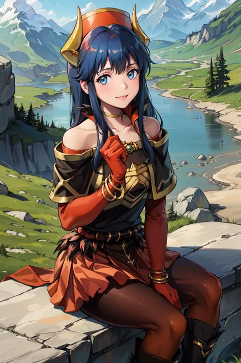 upper body,<lora:lilinaV1:0.9>,res lilina,horns, skirt, boots, smile, feather trim, gloves, looking at viewer, pantyhose, bracelet, jewelry, red gloves, elbow gloves, red skirt, knee boots, feathers, gold trim, black footwear, capelet, bare shoulders, collarbone,miniskirt,mountain, outdoors,(masterpiece, best quality, ultra-detailed, best shadow)