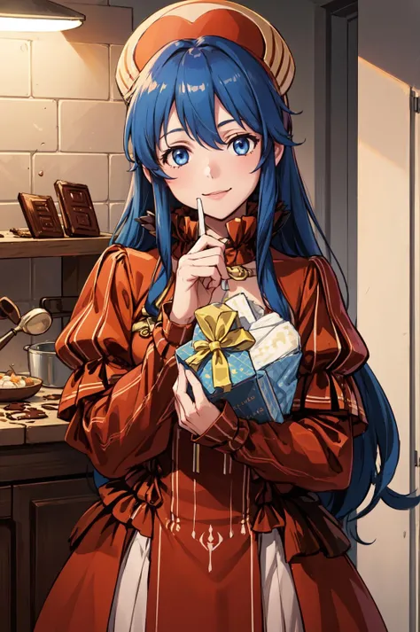 cooking,chocolate, giftbox,<lora:lilinaV1:0.9>,val_lilina, red long dress,looking at viewer, smile, long sleeves,white long skirt, indoors, (masterpiece, best quality, ultra-detailed, best shadow)