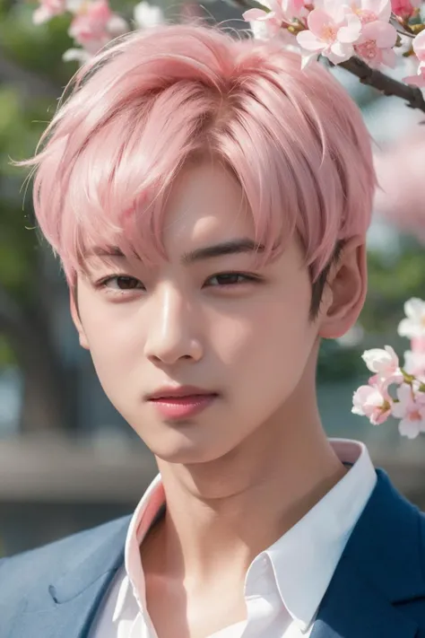 1boy, masterpiece, photorealistic, eunwoo, pink hair, dark brown eyes, handsome, asian boy, sakura <lora:eunwoo-000006:0.7>