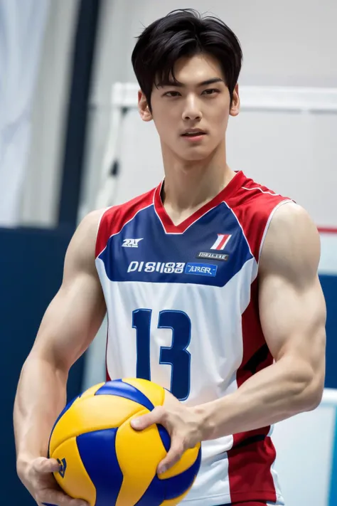 (masterpiece, ultra quality, high resolution, 8k, intricate: 1.2), handsome, black hair, dark brown eyes, kpop, eunwoo, handsome, photorealistic, asian boy, volleyball uniform, holding volleyball, sports, volleyball, muscles, sweat, 1boy, detailed face  <lora:eunwoo-000006:0.9> <lora:VolleyballUniform_v20LoRA:0.6>