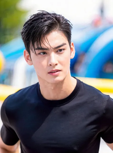 1boy, Italian man, young (male:1.5), grey eyes, slender eyes, (detailed eyes:1.3), (very short hair:1.3), under_cut, Pompadour, see-through:1.3 ((wet skinny T-shirt)), ((handsome, sharp, wild facial features,))), (robust muscular body), (robust physique), enjoying, dynamic shot, amusement waterpark background,
eunwoo, <lora:eunwoo:0.7>