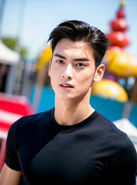 1boy, Italian man, young (male:1.5), grey eyes, slender eyes, (very short hair:1.3), under_cut, Pompadour, skinny T-shirt, ((handsome, sharp, wild facial features,))), (robust muscular body), (robust physique), enjoying, dynamic shot, amusement park background, eunwoo, <lora:eunwoo:0.7>,