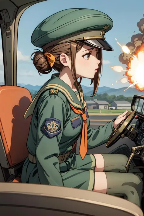 (masterpiece,best quality),1girl,rivetprogear,single hair bun,hair bow,hat,green headwear,serafuku,uniform,school uniform,skirt,pantyhose,sailor collar,orange necktie,green uniform,green skirt,sitting,side view,upper body,(in cockpit of world war i biplane,midair,explosions:1.2), <lora:Rivetprogear1:0.8>,brown eyes,brown hair, <lora:LORA-XenoDetailer-v2:0.1>, <lora:add_detail:0.6>