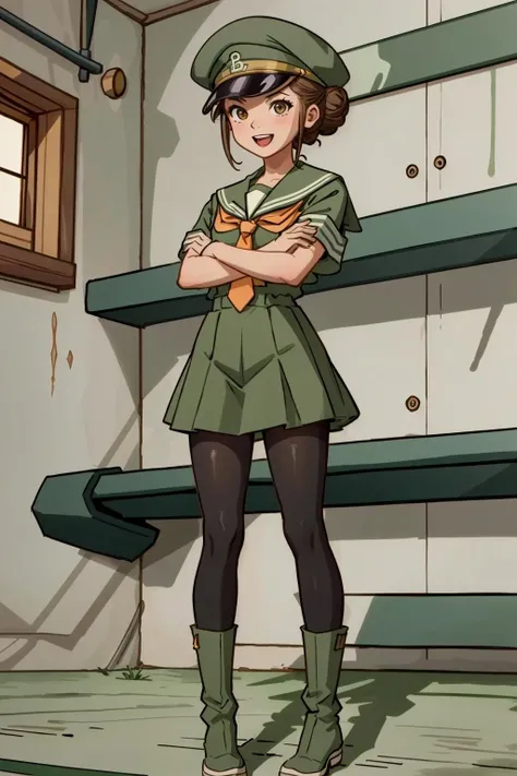 (masterpiece,best quality),1girl,rivetprogear,uniform,school uniform,sailor collar,serafuku,skirt,hat,hair bow,orange necktie,green hat,green uniform,((green clothes)),pantyhose,boots,single hair bun,happy,:d,full body,crossed arms,((indoors,in aircraft hangar)), <lora:Rivetprogear1:0.8>,brown eyes,brown hair, <lora:LORA-XenoDetailer-v2:0.1>