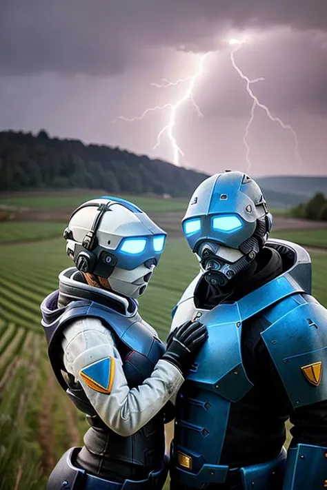 Image of Couple and lightning, Medieval, Minimalism, Futurism, that is little, talented, seductive, sleeping, blue white magenta amaranth, in a countryside, expressionism, rim lighting, soft lighting, hard lighting, low-key lighting, detailed face, highest quality, masterpiece, <lora:combineSoldierHalf_v1:1> combine soldier.