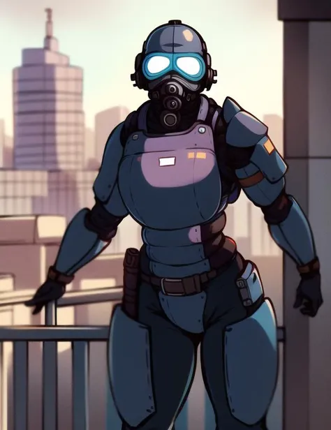 combine soldier, 1girl, solo, standing, helmet, gloves, looking at viewer, facing viewer, military, science fiction, city, russia, gas mask, wide hips, shoulder armor, armor, bulletproof vest <lora:combineSoldierHalf_v1:0.8>
